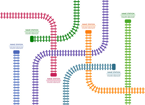 Train railway. Rail track infographic. Railroad or subway station map. Top view of tram road. Cargo transport. Locomotive way. Metro traffic. Turns and crossroads. Vector utter colorful illustration
