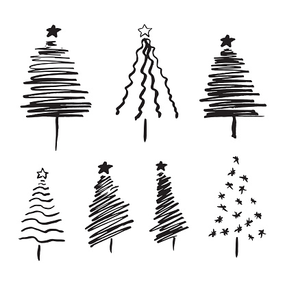Hand drawn Christmas trees, vector illustration. Isolated on a white background. Black ink and brush sketches. Suitable for greeting cards, posters, flyers.
