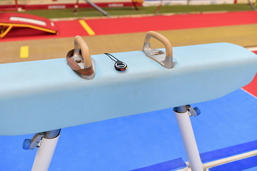 Pommel horse and stopwatch in the gym equipment