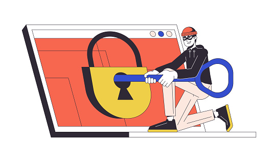 Hacking padlock flat line concept vector spot illustration. Laptop. Man with key trying to open 2D cartoon outline character on white for web UI design. Cybercrime editable isolated color hero image