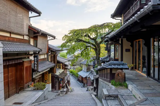 Traditional buildings near Kiyomizu-dera temple, a Buddhist Temple in Kiyomizu, Higashiyama Ward, Kyoto Japan.
