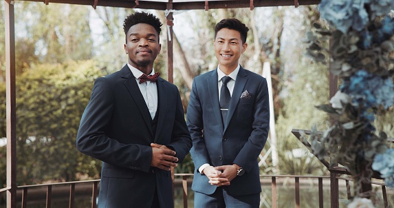 Groom, waiting and black man at wedding for love at romantic and formal ceremony or event for marriage. Walking, people and man happy or smile for commitment celebration with happiness in church