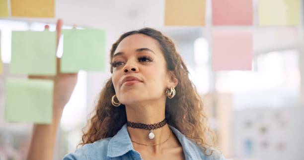 istock Sticky note, board or face of woman planning project development, startup ideas or entrepreneur objectives. Moodboard, retail sales strategy or person brainstorming process, decision or solution plan 1819444991