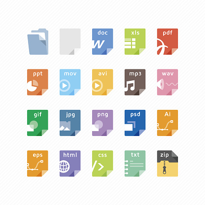 Vector illustration of file icons, for the most common file types.