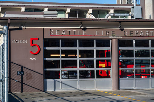 Seattle, WA USA - October 27, 2023: Waterfront Fire Station Number 5 on a sunny October day.