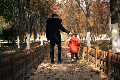 Little girl walking with her father in autumn park