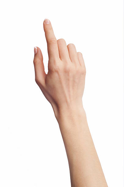 a hand touching a virtual blank screen - wijsvinger stockfoto's en -beelden