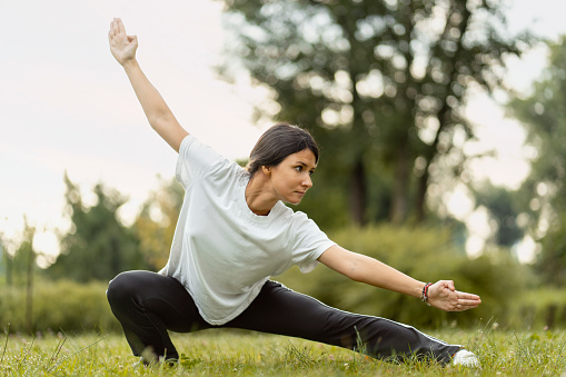 Portrait of serious woman wearing sport clothes training, practicing wushu in park. Healthy lifestyle, kungfu, martial arts concept