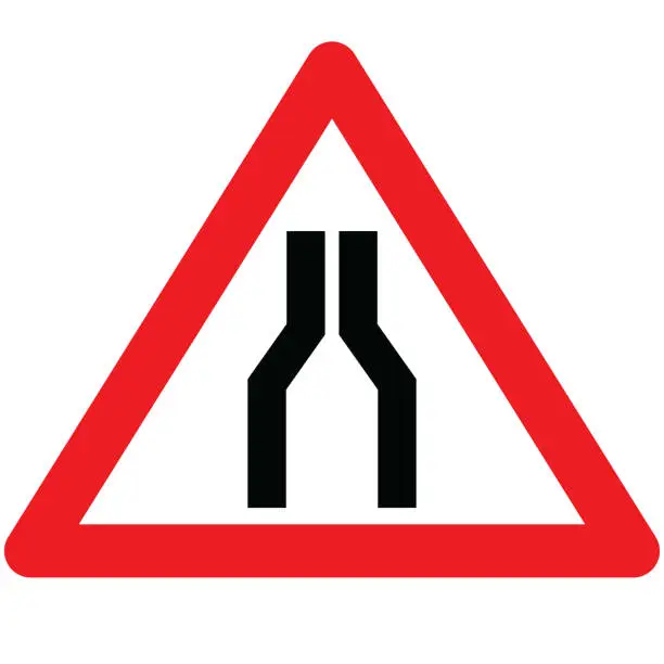 Vector illustration of Narrowing of the road icon. Road narrows on both sides sign. UK Road narrows on both sides ahead symbol. flat style.