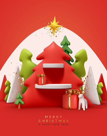 Podium stand in the shape of red Christmas tree with display shelf for advertising goods. Mockup New Year's platform. 3d render minimal scene. Xmas Product display presentation. Vector illustration