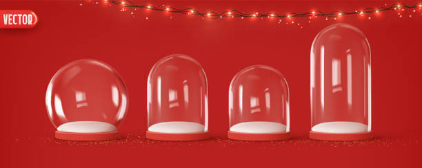 zestaw szklanej śnieżnej kuli świąteczny wzór dekoracyjny. podium pod przezroczystą szklaną kopułą z białą zaspą śnieżną, świecącą girlandą. świąteczna czerwona okrągła scena. czerwono-białe studio. stojak na produkt promocyjny - snow globe dome glass transparent stock illustrations