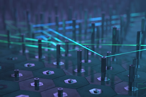 Showcase the conceptual background of signal computing in quantum computers, offering a glimpse into the cutting-edge fusion of advanced technology and quantum computing.3D rendering.