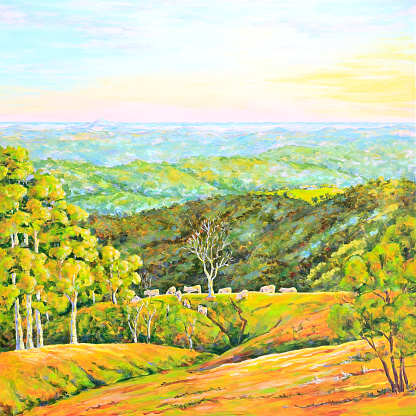 View at sunrise with cattle grazing. An original acrylic painting by Judi Parkinson.