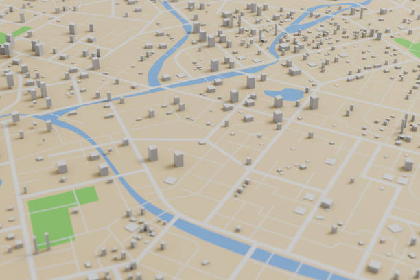 3D rendering city map illustration of a city map created using 3D modeling. Top view of Urban map with main road and sub road detailed representation of a city