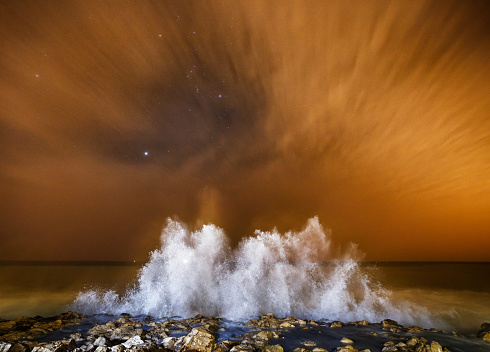 Giant wave in a storm in Villajoyosa in Villajoyosa, Valencian Community, Spain