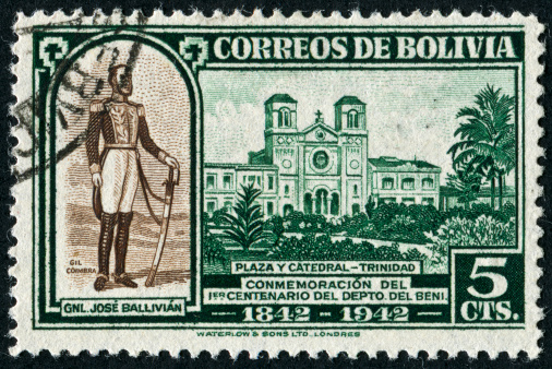 Cancelled Stamp From Bolivia Featuring The Plaza And Cathedral In Tinidad.