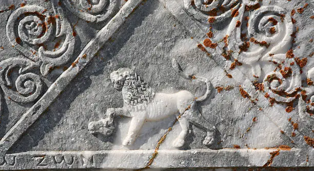 Photo of close up of a lion on Roman Tomb