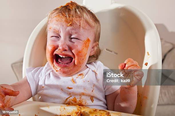 Messy Baby Eating Crying Stock Photo - Download Image Now - Baby - Human Age, Eating, Chaos