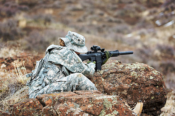 American female soldier from behind 