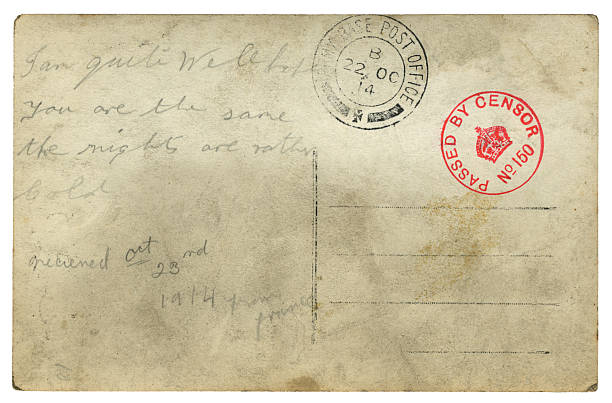 British soldier's postcard from France, 1914 A British soldier’s heavily-soiled postcard home, sent from France in 1914. It is postmarked ‘Army Base Post Office’ and ‘Passed by Censor’. (Personal details removed.) 1914 stock pictures, royalty-free photos & images