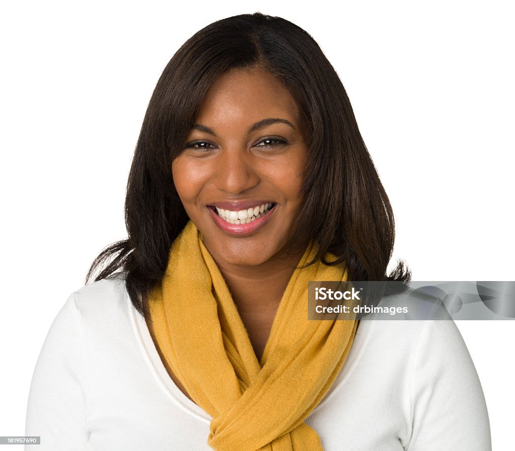 Happy Young Woman Close-Up Portrait Portrait of a young African-American woman on a white background. One Woman Only Stock Photo