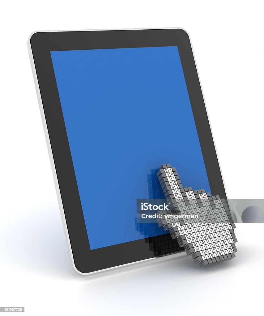 Tablet con cursore a forma di mano - Foto stock royalty-free di Attrezzatura