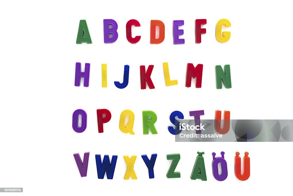 alphabet written with magnetic letters included ä, ö, ü "German letters ae, oe, ue included. This are old magnetic letters attached on a white radiator.With this lettes it is easy to learn writing an reading with a playful way." Alphabet Stock Photo