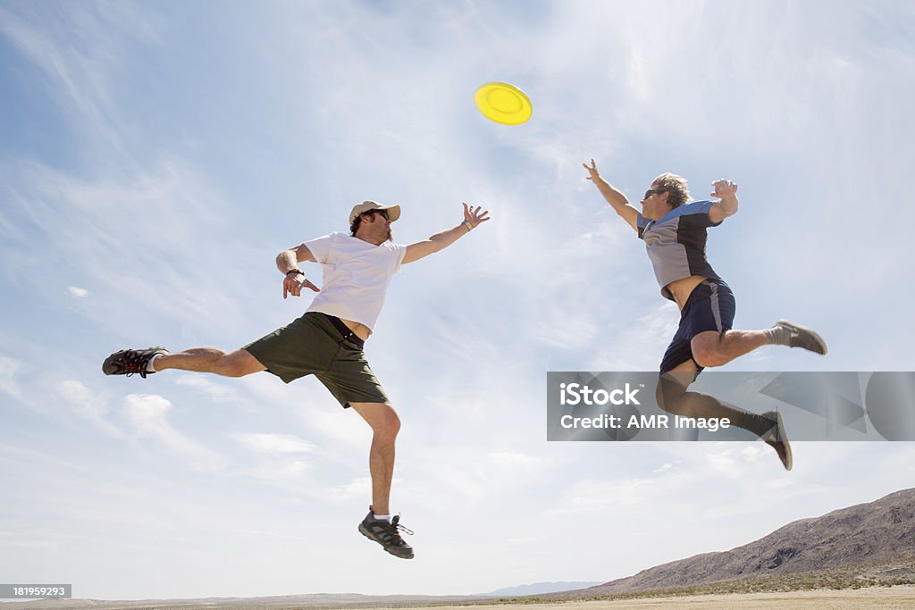 Saltare per prendere il Frisbee - Foto stock royalty-free di Disco volante