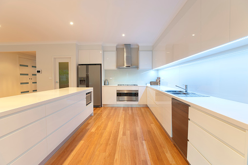 Modern domestic kitchen with wooden floors