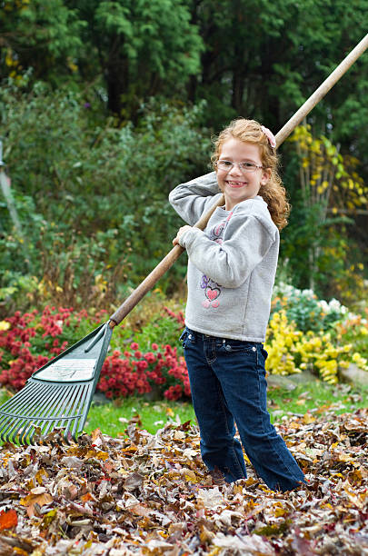 istock girl smiles while raking leaves 181959471
