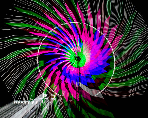 istock Intentional camera movement, slow shutter Zoom blur image of giant Ferris wheel illuminated and spinning at night in a fun fair. 1819595195