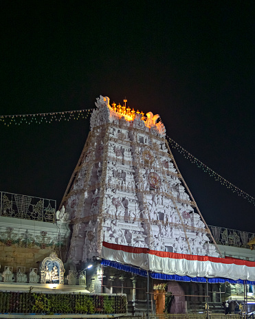 Night image of empty Tirupati temple due to pandemic in Andra Pradesh, India.