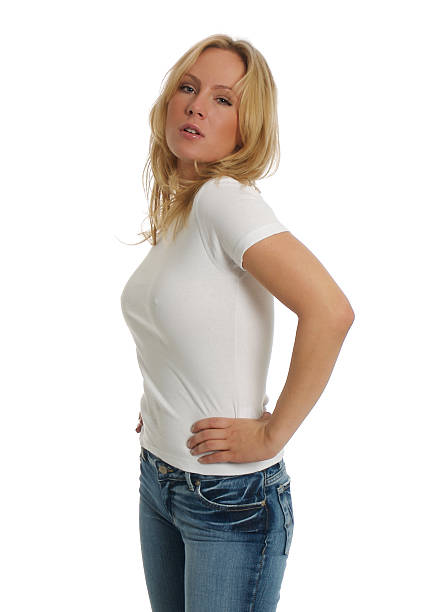 Girl wearing a white t-shirt braless