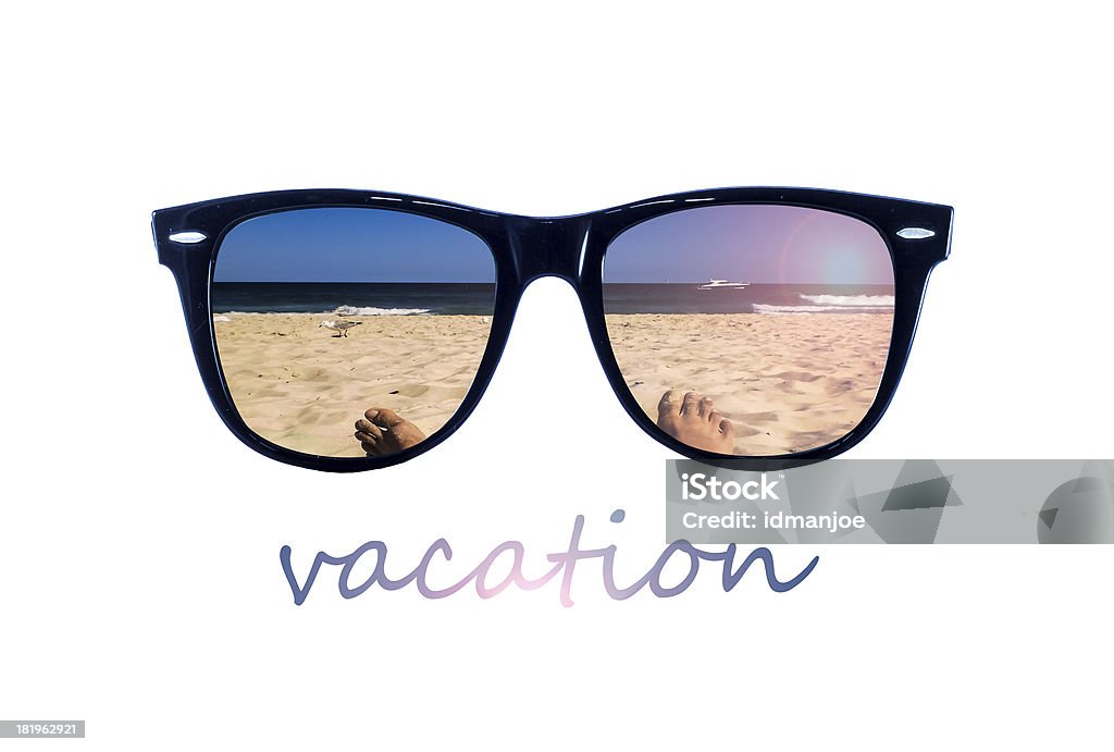 Vacation glasses Sunglasses with sea view  and word "vacation". Beach Stock Photo