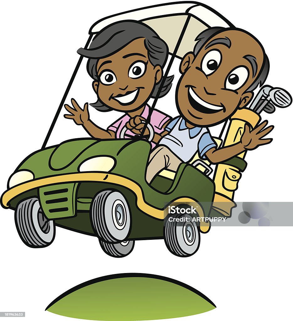 Afro-americana casal no carrinho de golfe - Vetor de Carrinho de Golfe royalty-free