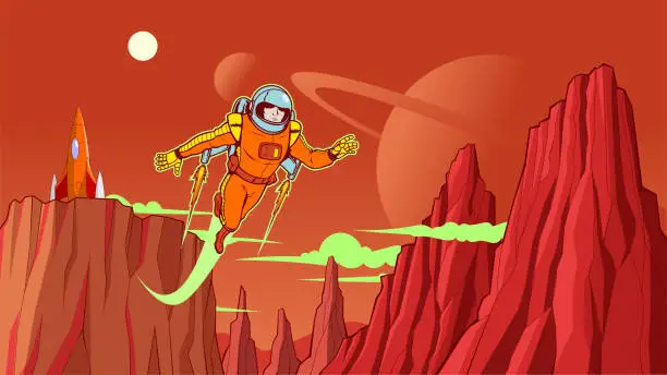 Vector illustration of Vector Retro Vintage Astronaut with Jetpack Exploring a Planet on a Jetpack Stock Illustration