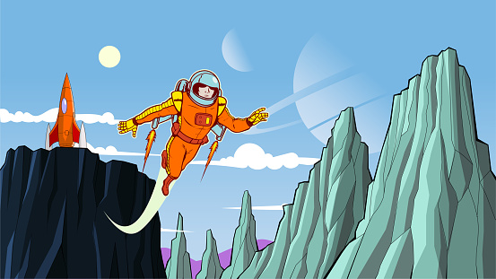 A retro vintage style vector illustration of an astronaut exploring a planet while flying with a jetpack. Wide space available for your copy. Easy to grab and edit.