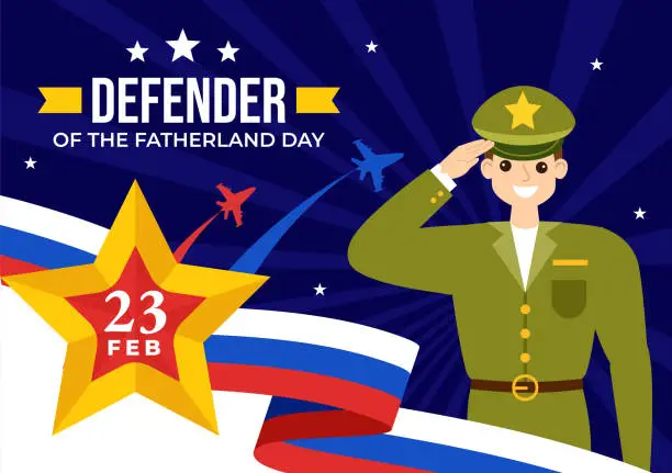 Vector illustration of Defender of the Fatherland Day Vector Illustration on 23 February with Russian Flag and Star in National Holiday of Russia Flat Cartoon Background