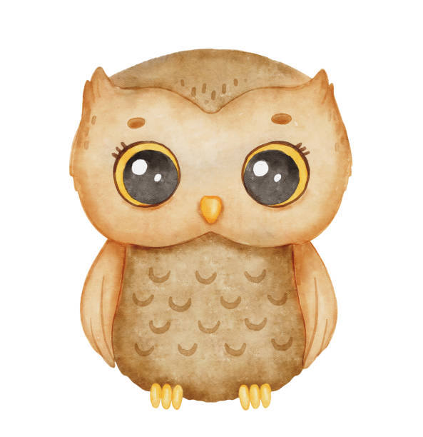 istock Watercolor cute baby owl. Hand drawn character forest bird isolated on white background. Woodland illustration for kids 1819671021