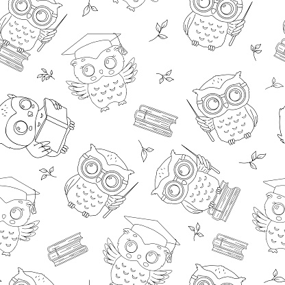 istock Seamless vector pattern with cute little owls and books. Vector monochrome background for children and newborn. 1819671024