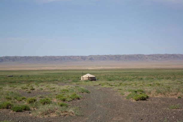A nomadic ger in the middle of nowhere in the Gobi desert, Mongolia. stock photo