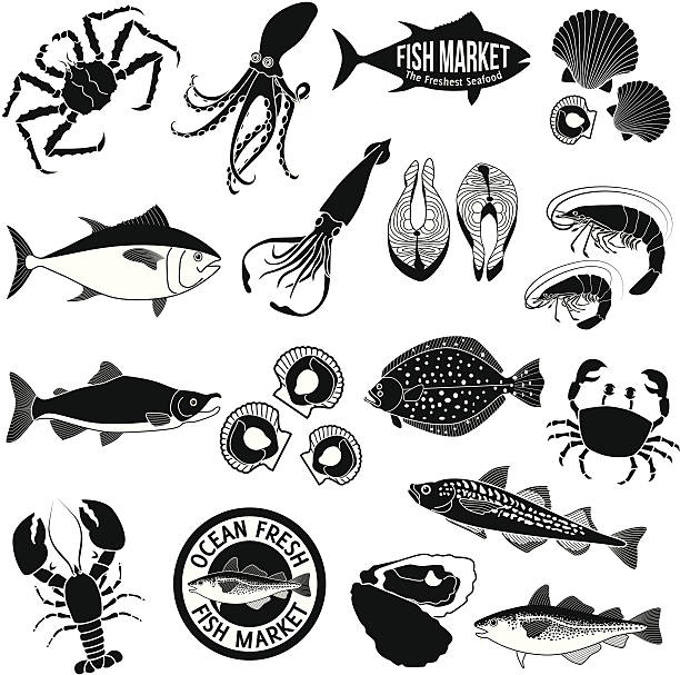 고기잡이 시장 아이콘 세트 - computer icon symbol sea life prepared crab stock illustrations