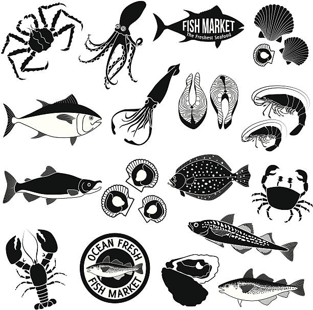 fish market icon set A vector fish market icon set. salmon animal illustrations stock illustrations