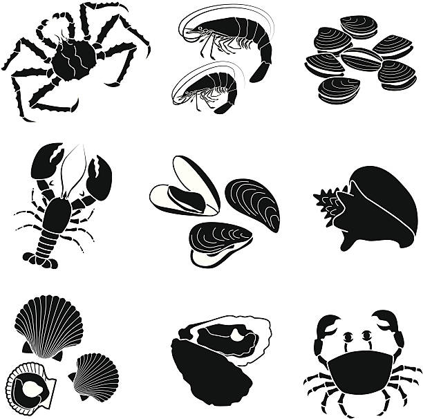 해산물 갑각류 및 mollusks - computer icon symbol sea life prepared crab stock illustrations