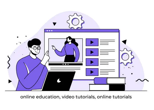 Vector illustration of Online education flat illustration, Video tutorials, Online tutorials, E-learning, Online course, Online webinar, Students learning online scene, Distance education, Online Studying