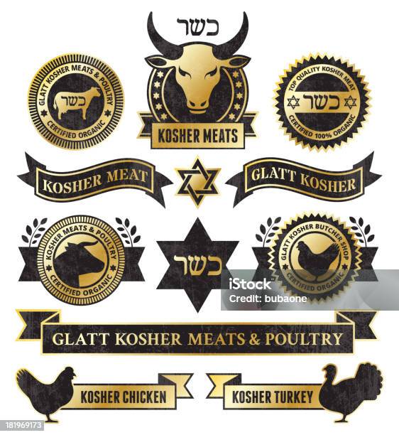 Carne De Aves De Capoeira Kosher E Dourada Grunge Vector Conjunto De Ícones - Arte vetorial de stock e mais imagens de Kosher