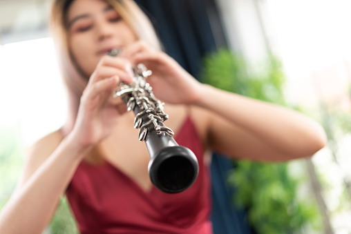 Beautiful young woman in a red dress playing the clarinet \n,Classical musician oboe playing.
