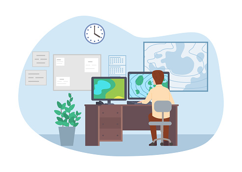 Weatherman observing weather radar at computer screen at desk. Meteorologist watching weather forecast changing in office. Flat vector illustration on abstract background.