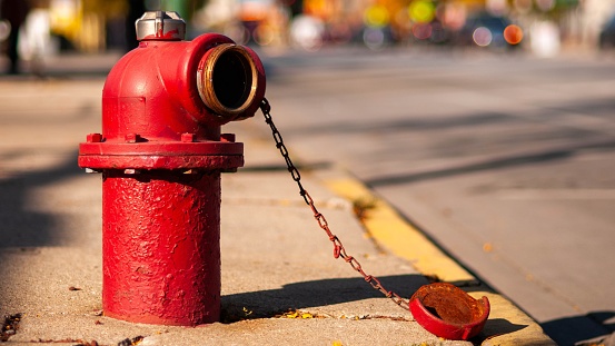 A row of red fire hydrant.