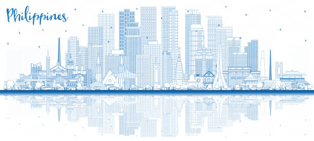 Outline Philippines City skyline with blue buildings and reflections. Travel concept with historic architecture. philippines cityscape with landmarks. Manila, Quezon, Davao. Outline Philippines City skyline with blue buildings and reflections. Vector illustration. Travel concept with historic architecture. philippines cityscape with landmarks. Manila, Quezon, Davao. national capital region philippines stock illustrations